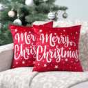 PAVILIA Holiday Throw Pillow Covers 18x18 Set of 2, Decorative Pillow Cases Bed Sofa Couch, Winter Accent Decor Cushion Bedroom Living Room, Velvet Square Euro Sham Covers, Merry Christmas Text Red
