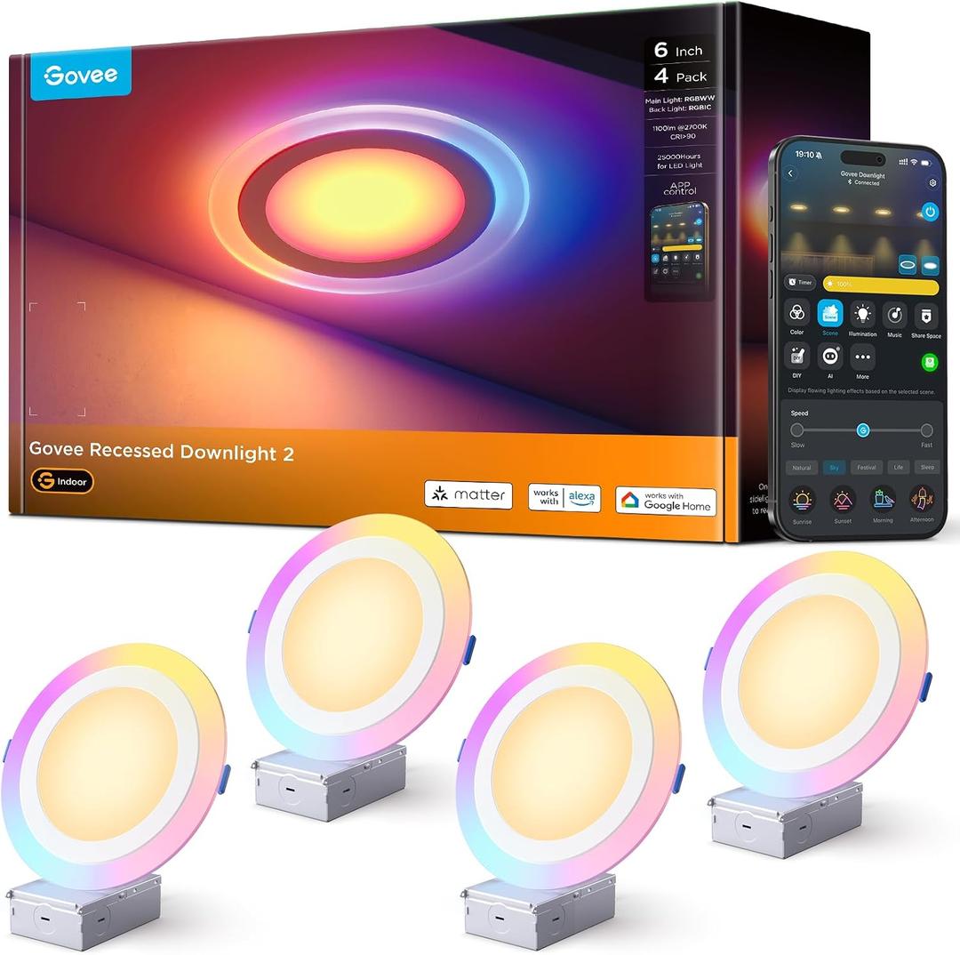 Govee Smart Recessed Lighting 6 Inch, LED Recessed Light 1100LM, 4 Pack
Work with Matter/Alexa/Google Assistant, RGBIC Dimmable Canless Downlight with Junction Box for Living Room, Bedroom, Kitchen
