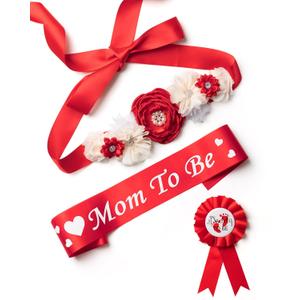 BumpPetal Flower Sash Set - Baby Shower Mom to Be Daddy to Be Corsage Pin - Flower Belt for Maternity Dress - Pregnancy Photo Props Supplies (Deep Red)