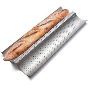 KITESSENSU Nonstick Baguette Pans for French Bread Baking, Perforated 2 Loaves Baguettes Bakery Tray, 15" x 6.3", Silver