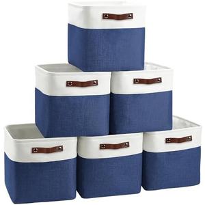 FinishingBo Cube Storage Baskets 6 Pack, 11x11 inch Foldable Cube Storage Bins with Leather Handles for Shelf Closet Nursery Toys (White/ Blue)