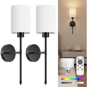 NIORSUN Battery Operated Wall Sconce Set of 2, Black Wireless Rechargeable Wall Lights with 5200mAh Dimmable Detachable Bulbs and Remote, 9 Colors Sconces Wall Decor for Bedroom Living Room Hallway (20.67 inch)