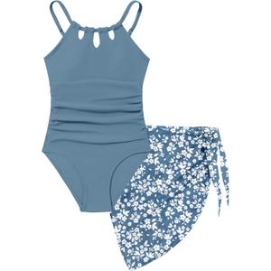 KANGKANG Girls Swimsuit Quick Dry Cut Out One Piece Swimsuits with Tropical Print Cover Up Skirt Bathing Suit Swimwear (11-12 Years, Dark Blue) KANGKANG Girls Swimsuit Quick Dry Cut Out One Piece Swimsuits with Tropical Print Cover Up Skirt Bathing Suit Swimwear (11-12 Years, Dark Blue)