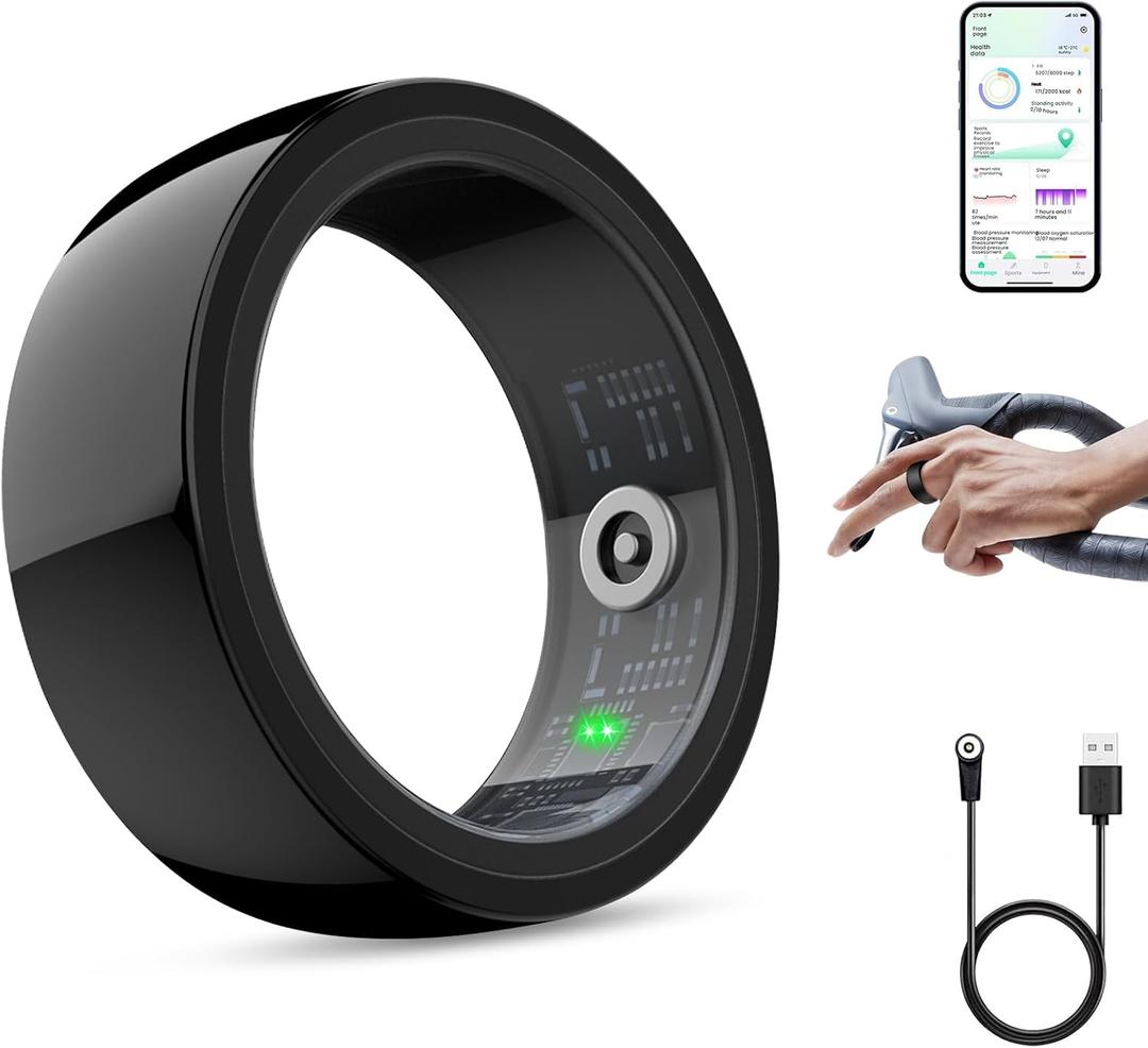 Smart Ring, Smart Health Ring for Women Men, Smart Ring Fitness Tracker, Health&Sleep Tracker, IP68 Waterproof, Remote Camera Control, No App Fee for Standard Features, for iPhone & Android(Black, 9#)