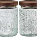 24 OZ Airtight Glass Storage Jar with Bamboo Lid - Vintage Glass Jar Vintage Food Containers Canisters Set for Kitchen Counter & Pantry - Ideal for Sugar, Flour, Coffee, Tea, Candy, Oats -2 Pack ((24oz)Sunflower+Begonia)