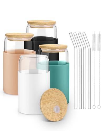 Sungwoo Glass Cups with Lids and Straws, 3 Pack 16OZ Iced Coffee Cups with Silicone Sleeve, Glass Tumbler with Straw and Bamboo Lid, Home Essential Drinking Set for Juice, Cocktail and Latte