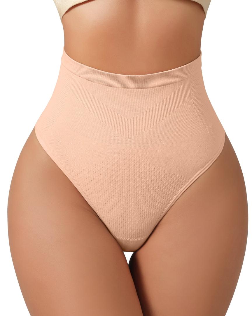 USEASY Tummy Control Seamless Thongs for Women Seamless High Waisted No Show Thongs Plus Size Underwear Beige S
