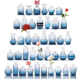 Glass Bud Vases Set of 40 PCS, Small Flower Vases for Wedding Centerpiece Table Decoration, Vintage Vase in Bulk for Flower Arrangements, Mini Vase for Birthday Party, Festival Home Decor, Blue