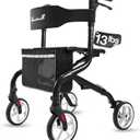 PLANET WALK Super Lightweight Rollator Walker for Seniors, Foldable Rolling Walker with Seat and 8" Rubber Wheels for All Terrain, Unique Design Aluminium Frame Sturdy Walkers for Traveling - Black