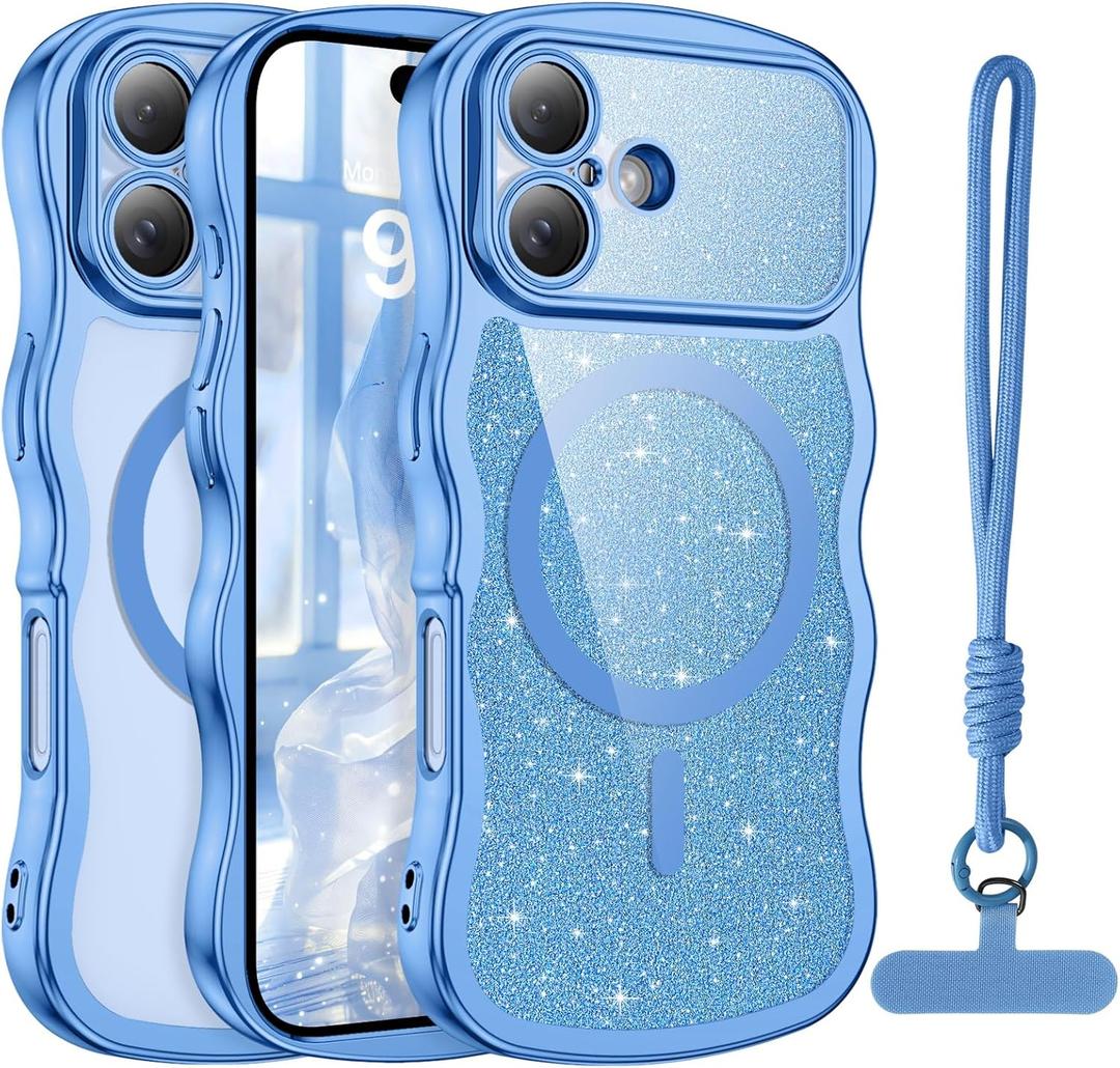 BENTOBEN Magnetic for iPhone 17 Case 2025, Clear Glitter Cute Curly Wavy Edge [Compatible with Magsafe] Sparkly Shinny Slim Design Shockproof Protective Girly Women Men Phone Cover, Blue/Clear