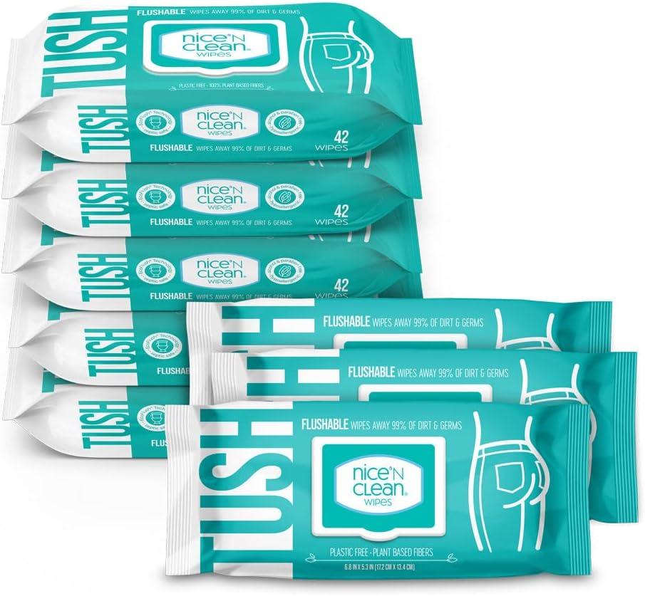 Nice 'N Clean Adult Flushable Wipes (8 x 42 Count) | Personal Cleansing Wipes Made from Plant-Based Fibers | Infused with Aloe & Vitamin E