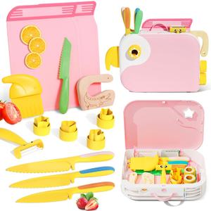 Montessori Kitchen Tools for Toddlers,Kids Knife for Real Cooking,Toddlers Knife Set with Storage Box Kids Safe Knives Children Cutting Set and Peeler,Montessori Toys for Kitchen Set -Pink