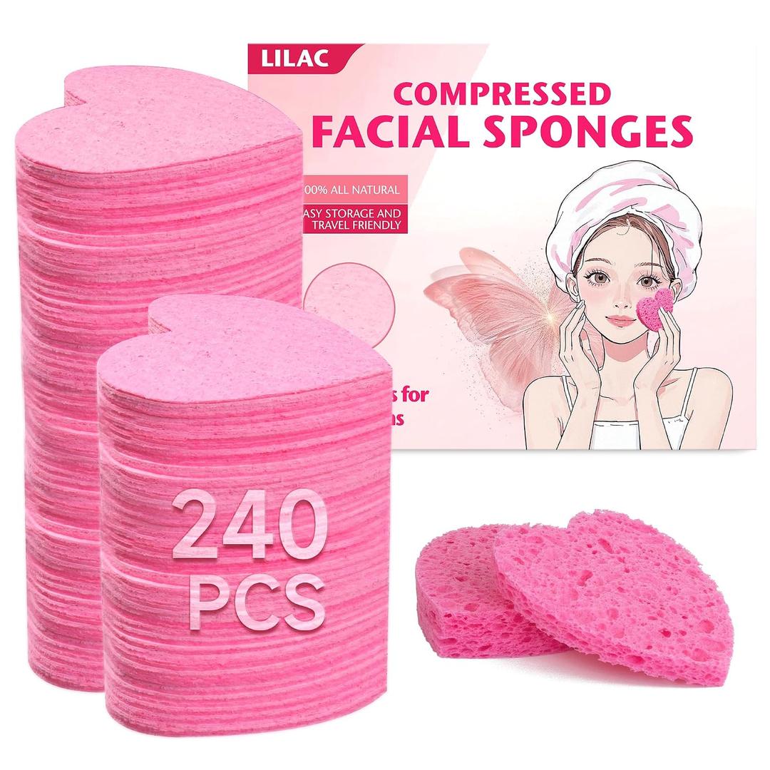 240 Count Compressed Facial Sponges 100% Natural Cellulose Eco-Friendly Makeup Sponges for Gentle Cleansing, Exfoliating & Stubborn Makeup Removal Travel for Women (240 pink heart)