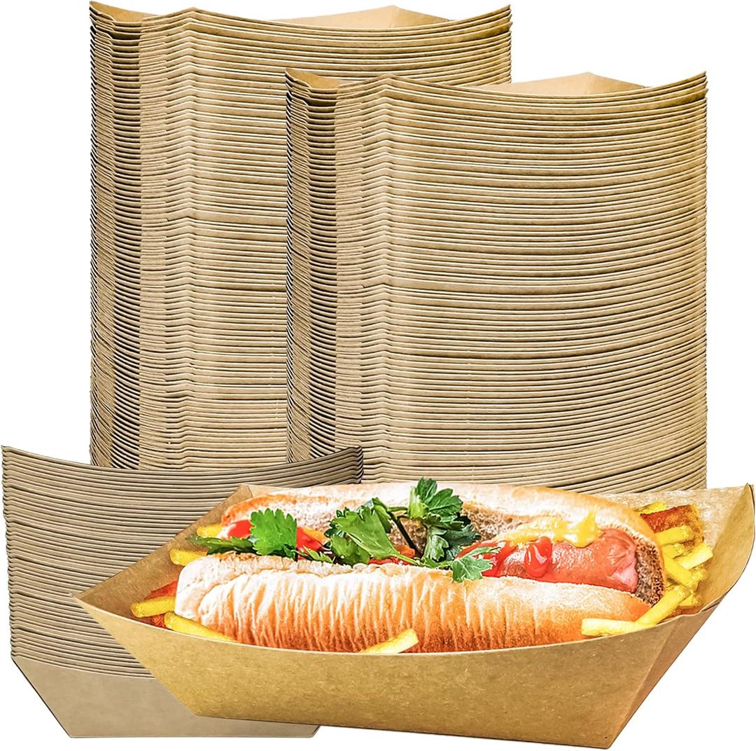 MotBach 100 Pack 3lb Kraft Paper Food Trays, Heavy-Duty Paper Food Boat Disposable Serving Basket Tray for French Fries Nachos Snack Hot Dog Taco BBQ Popcorn Party Picnic Wedding Party (Brown)