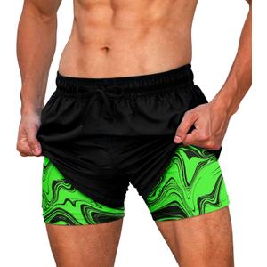 Cozople Mens Swim Trunks Quick Dry Bathing Suit with Compression Liner 5.5" Inseam Anti Chafe Beach Swim Shorts (Small, Green)
