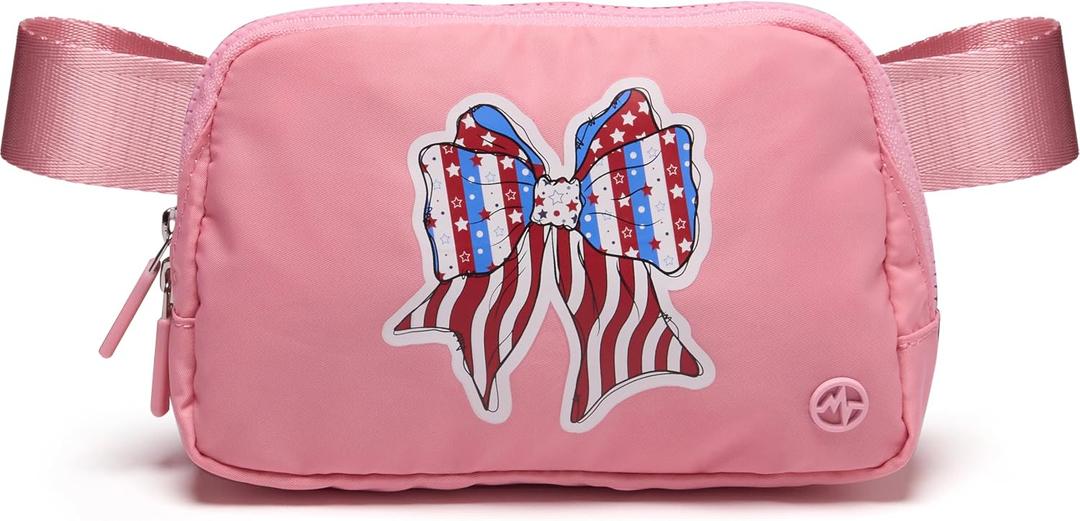 Pander 1L Printed Belt Bag for Women, Nylon Crossbody with Adjustable Strap, 2-Way Zipper, 3 Inner Mesh Pockets, Red Blue White Graphic Style, Pink Bow, Small
