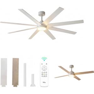 TCL 72 Inch Large Ceiling Fans with Lights and Remote, Indoor/Outdoor Modern Ceiling Fan,8 Blades 6 Speed Reversible Quiet DC Motor, for Living Room Patio Garage High Ceiling (white, 72)