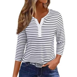 LilyCoco Women's 3/4 Sleeve Striped V Neck T Shirts Tunic Casual Button Shirt Black X-Large (White, XL)