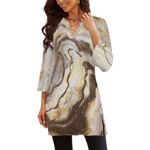 Poetsky Womens Tunic Tops 3/4 Bell Sleeve Loose Fit Tunics Dressy Casual Side Split Flare Top for Leggings S-3XL (XXXL)