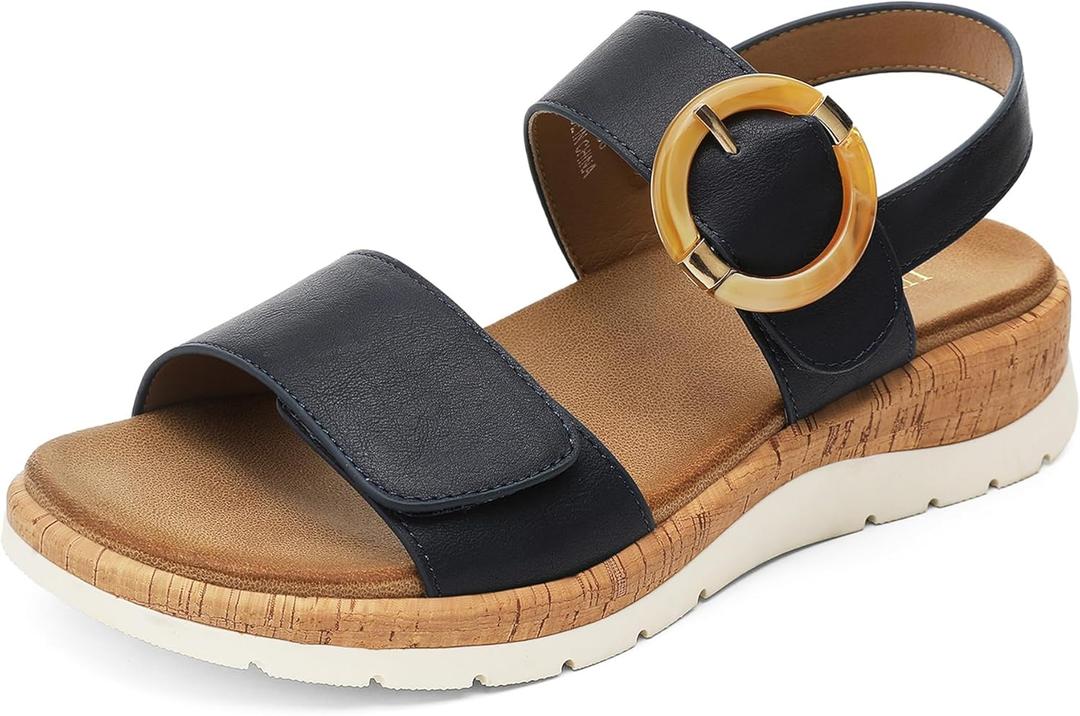 UBFEN Womens Flat Sandals Arch Support Open Toe Walking Comfy Casual Low Wedge Summer Shoes (7.5)