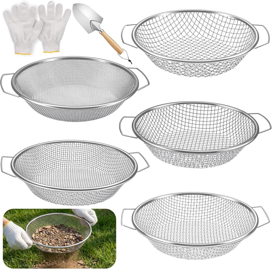 5PCS Soil Sifter, Gardening Soil Sifter with Handle Rock Compost Sifting Screen for 5 Gallon Buckets Garden Metal Sieve Strainer with Shovel 2,4,6,8,10mm Mesh Sizes Remove Stone Fine Gravel Sand Dirt