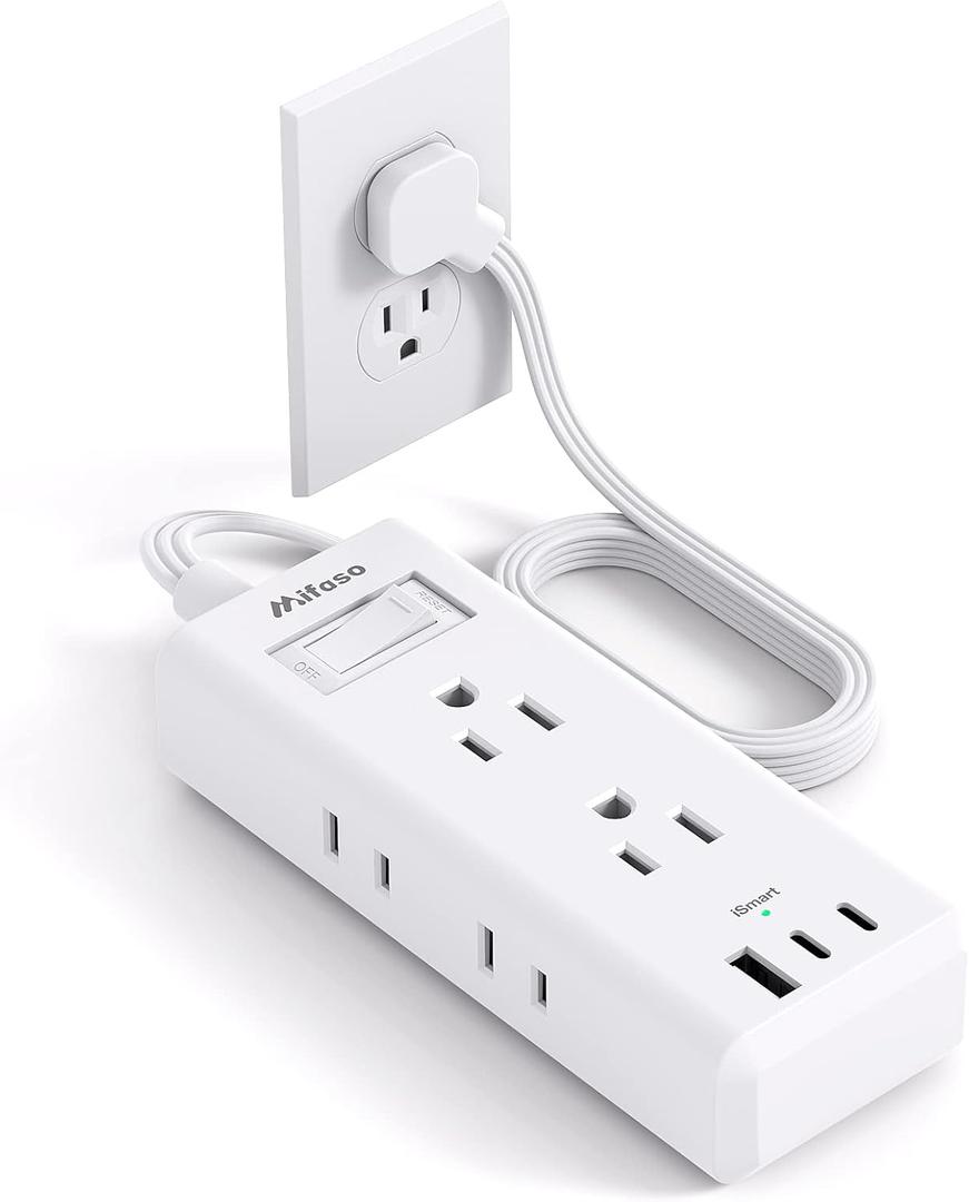 Flat Plug Extension Cord, 5 ft Ultra Thin Flat Power Strip - 6 Outlets 3 USB Ports (2 USB C) 3 Side Outlet Extender, Power Strip with No Surge Protection for Cruise, Travel, Dorm Essentials