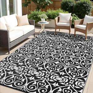 OLANLY Outdoor Rug Waterproof 6x9 ft Clearance, Reversible Outdoor Plastic Straw Rug with Floral Pattern, RV Mat for Patio, Camping, Balcony, Deck, Backyard, Black & White