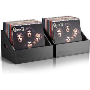 2 Pack Wood Vinyl Record Storage, Retro & Durable Vinyl Crate and Record Holder, Album Storage Record Case Box for 60+ Records, Perfect Record Organizer for Home Decor and Collection Display (Black)