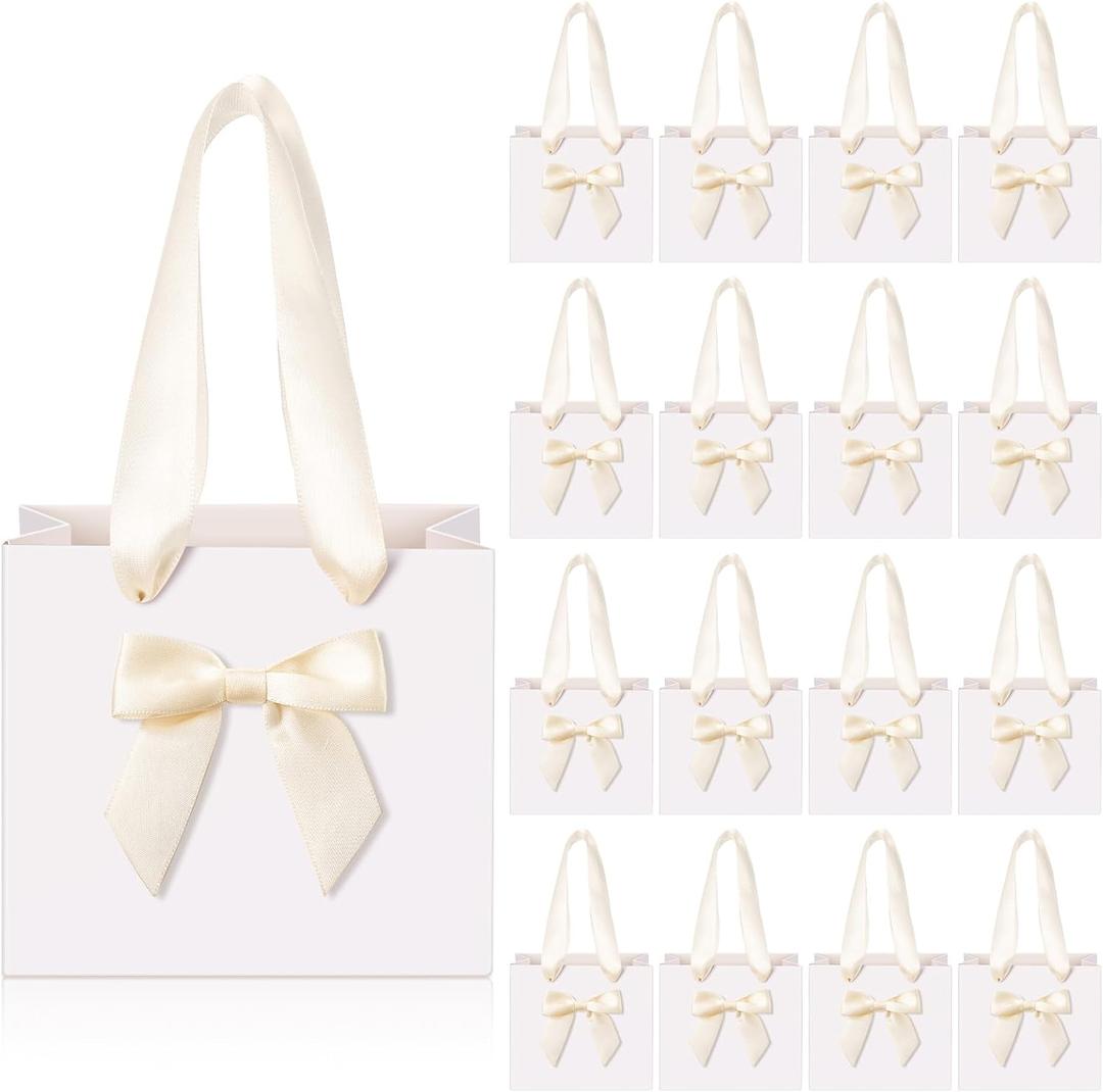 Kolldenn Set of 50 No DIY Small Gift Bags with Beige Bow Ribbon 4''x2.7''x4.5'' Mini White Paper Thank You Bags Bulk with Handle for Baby Shower Wedding Party Favor Birthday Return Guests