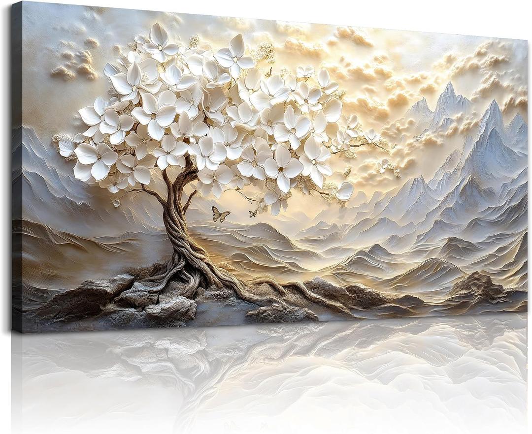 XIGUANGART White Tree of Life Canvas Wall Art Mountain Landscape Farmhouse Paintings Modern Minimalist Abstract Artwork for Walls Pictures for Living Room Bedroom Dining Room Office Home Wall Decor,40"L x 20"W, Abstract Tree Painting