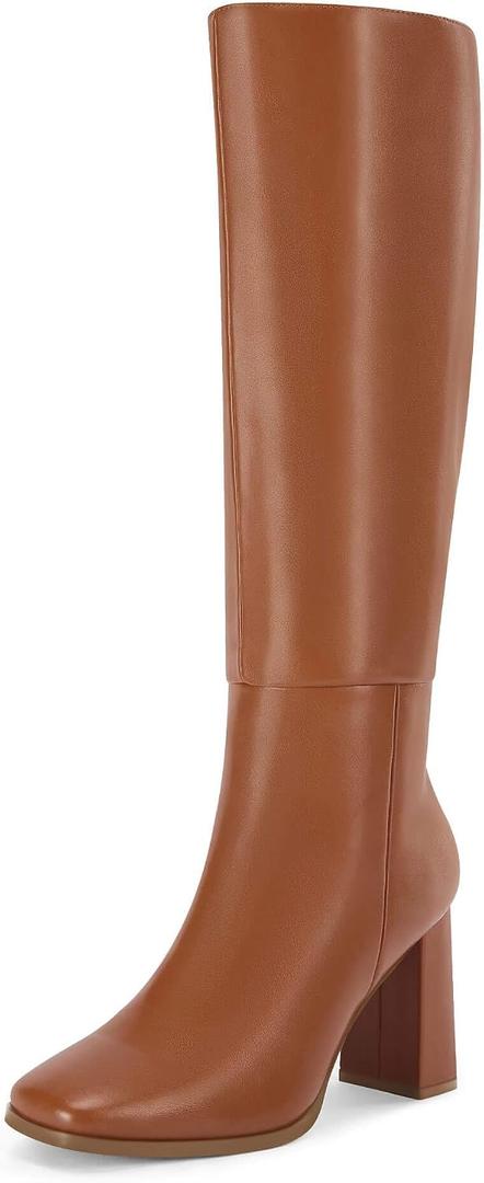 Coutgo Womens Wide Calf Knee High Boots Chunky High Heel Square Toe Fashion Leather Shoes with Side Zipper (Brown)