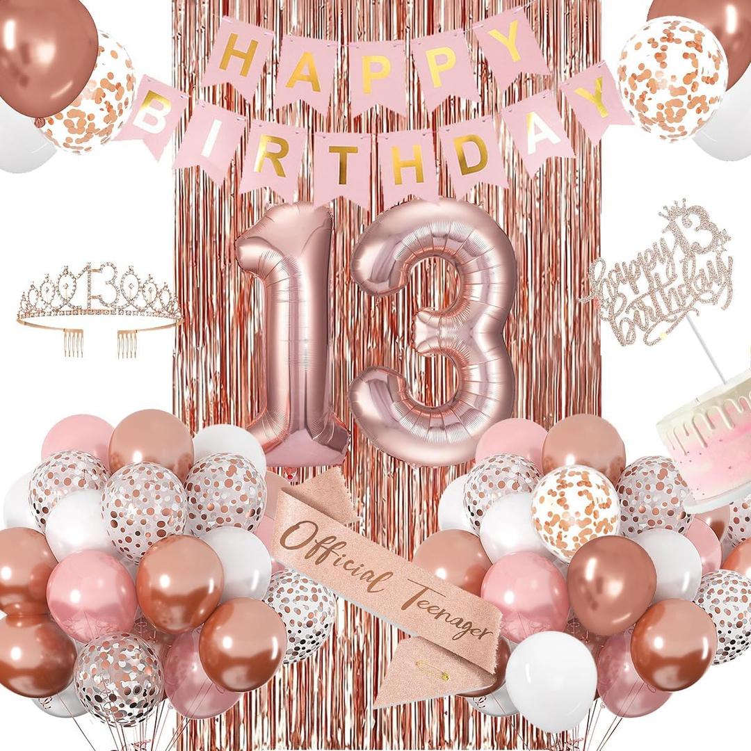 13th Birthday Decorations for Girls, Rose Gold 13th Birthday Banner, Balloon, Cake Topper, Sash and Crown, Happy 13th Birthday Party Decorations for Girls