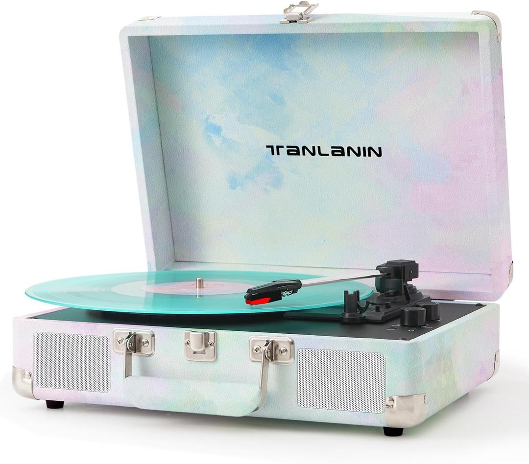 Watercolor Vinyl Record Player with Treble & Bass Control, Vintage 3-Speed Bluetooth Suitcase Portable Turntables with Built-in Speakers, 33 45 78 RPM LP Player Support RCA/AUX/Headphone Jack, Green