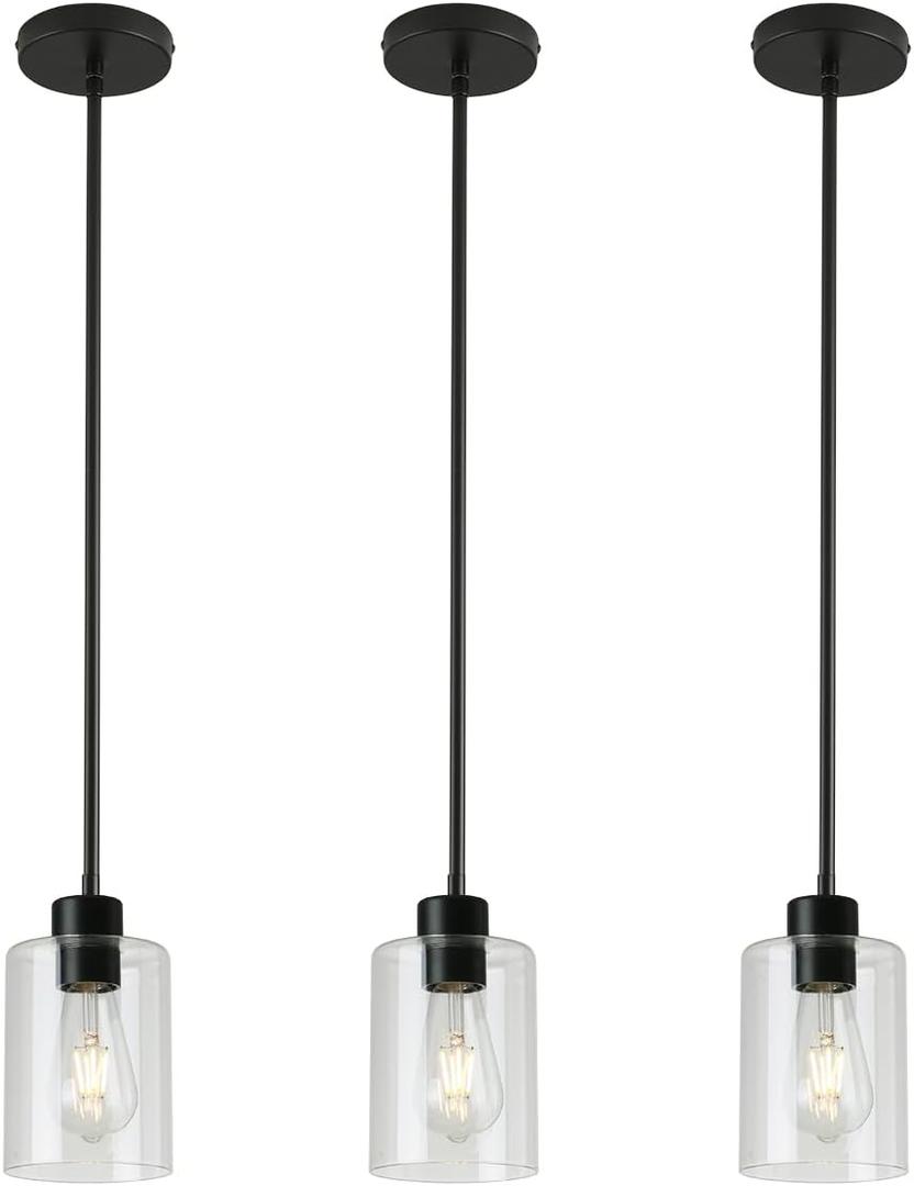 3 Pack Black Pendant Lights Kitchen Island, Modern Industrial Matte Black Hanging Light Fixtures, Adjustable Downrod Farmhouse Glass Pendant Lighting for Dining Room Bedroom Hallway Entryway