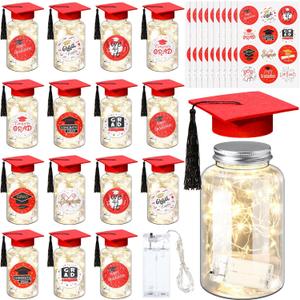 Boao 16 Sets Graduation Table Decoration Set with LED Light up Graduation Decorations for Class of 2026, Grad Jar, Felt Grad Hat and Stickers for High School College(Red,Vivid)