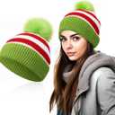 Shihanee Christmas Elf Beanie Hat with Green Furry Pompom White Red Green Striped Knitted Hats for Women Men Santa Costume Winter Accessories Party Supplies (Green)
