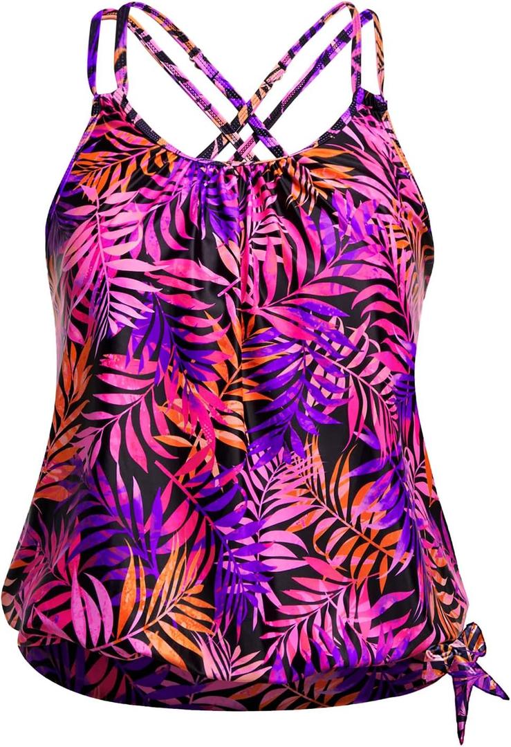 Womens Plus Size Tankini Tops Blouson Swim Top Only No Bottom | Tummy Control, Removable Pads, Side Tie, Full Coverage, Adjustable Straps, Quick Dry Fabric, Beach and Resort