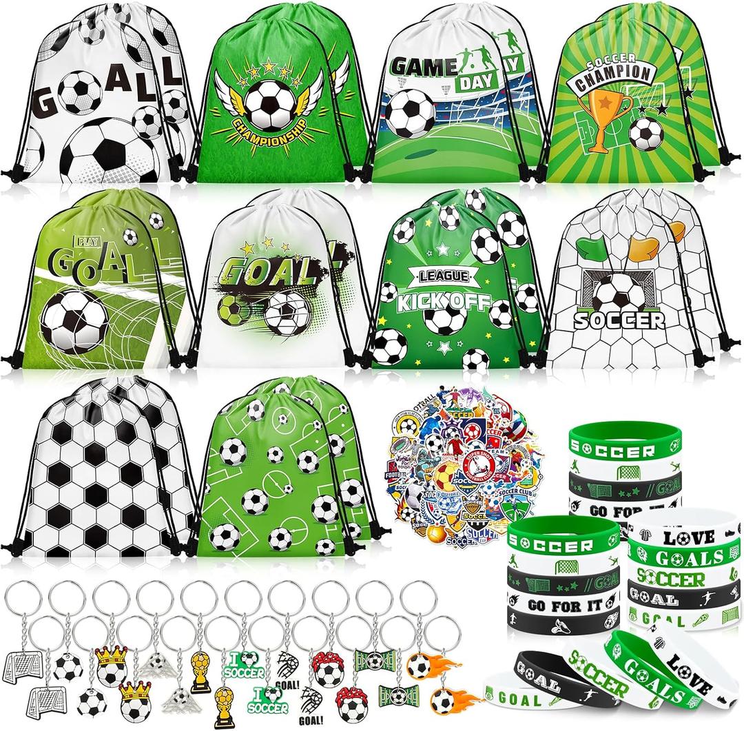 Grneric 110 Pcs Soccer Party Favors Drawstring Bags with Keychains Silicone Bracelets Stickers Soccer Goodie Bags Gift Bags for Sports Birthday Party Supplies Soccer Themed