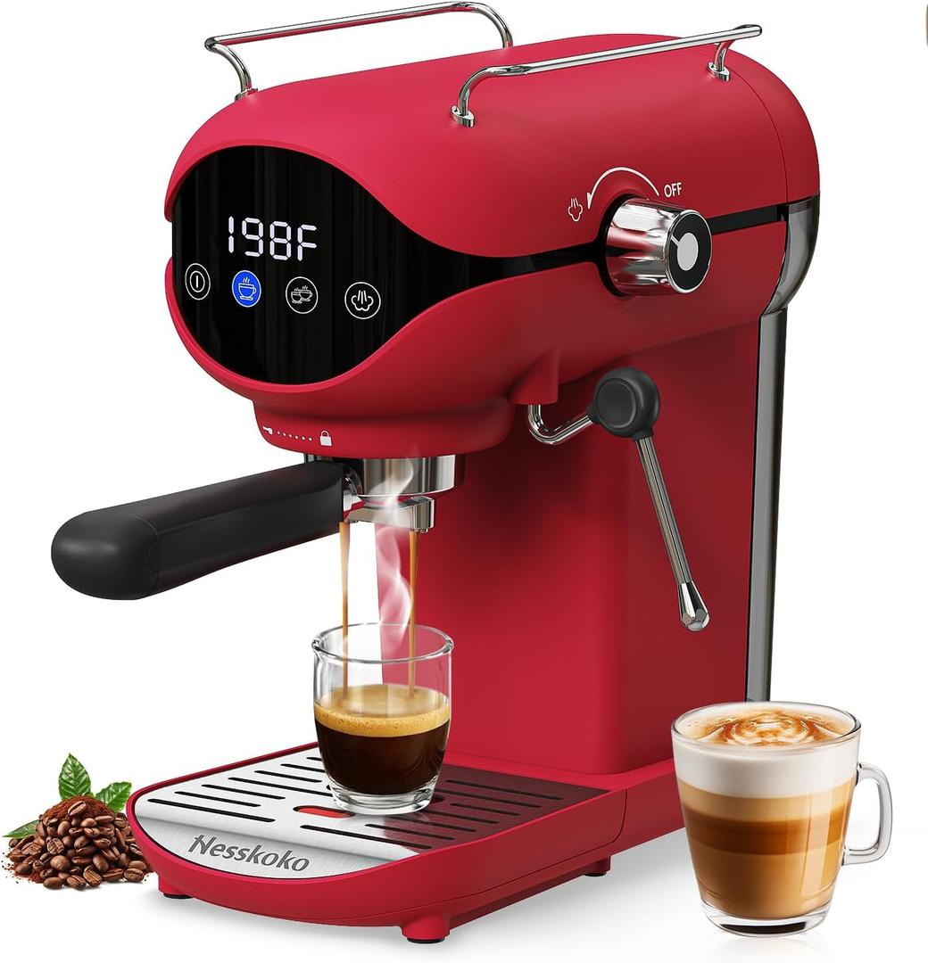 Espresso Machine with Steam Milk Frother Semi Automatic 20 Bar Compact Red with Touch Screen for home Cafetera Espresso, Latte, Cappuccino, Americano, Macchiato