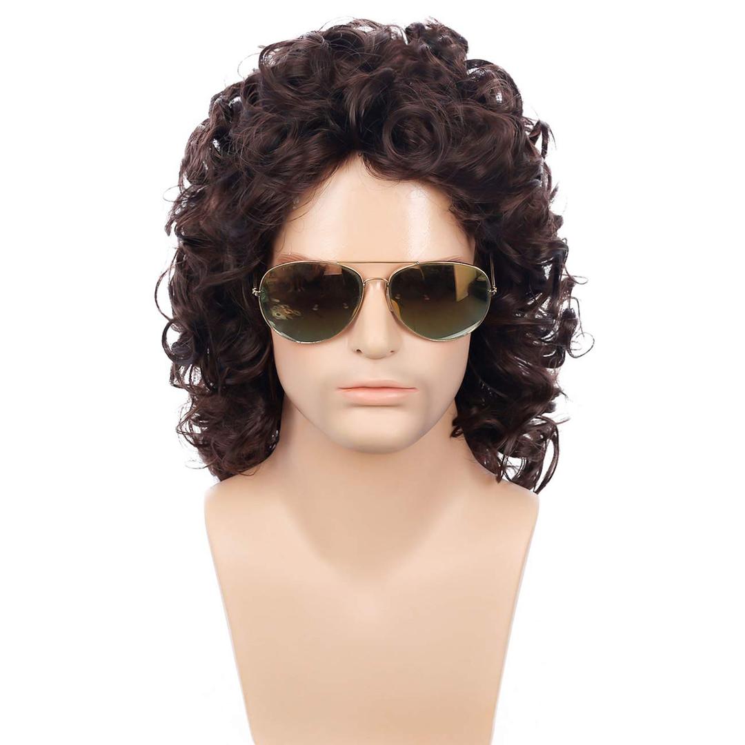 Kaneles Curly Long Wigs for Men 70s 80s Rocker Wig Dark Brown Halloween Cosplay Male Wig