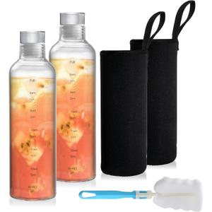 2 Pack Glass Water Bottles With Time Marker, 18 OZ Motivational Water Bottle with Non-slip Sleeve, Beverage Bottles with Hydrating Reminder, Reusable Drinking Bottle for Hot and Cold Drinks