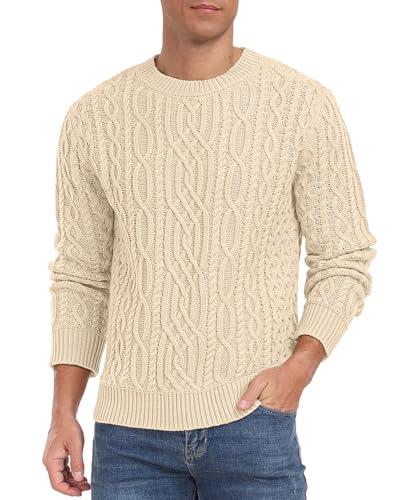 Askdeer Men's Cable Knit Pullover Sweater Long Sleeve Crew Neck Knit Sweater Soft Casual Sweaters with Ribbing Edge Beige, S