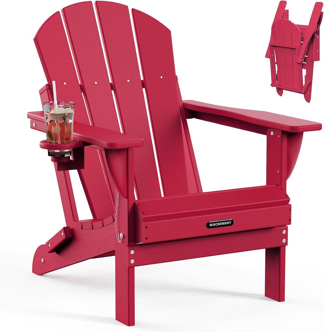 MUCHENGHY Folding Adirondack Chairs, Patio Chairs, Lawn Chairs, Outdoor Chairs, Adirondack Chair Plastic, Fire Pit Chairs, Weather Resistant with Cup Holder for Deck, Backyard, Garden(Red), 32.9D x 29.4W x 35.8H in