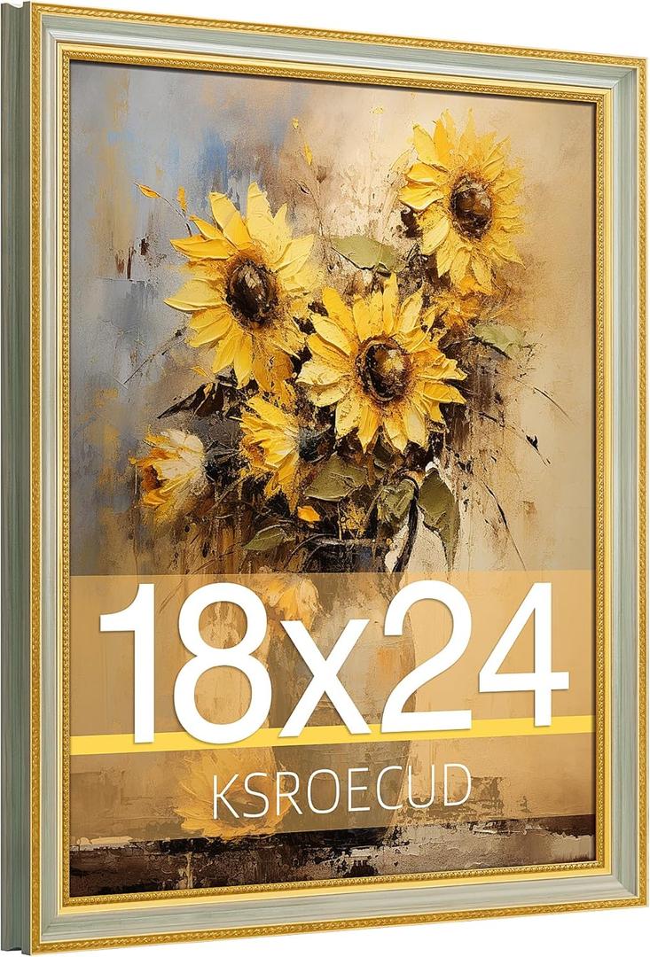 18x24 Picture Frame, HD Real Glass Ornate Vintage 18x24 Photo Frame, 18 by 24 Poster Frame with Gold Green Texture Border Horizontal & Vertical Display for Tabletop or Wall Decor (1 Pack)