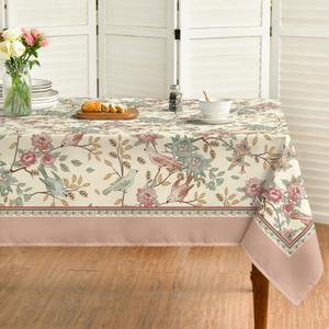 Horaldaily Floral Rectangular Tablecloth 60x84 Inch, Pink Birds Elegant Vintage Washable Seasonal Table Cover for Party Picnic Dinner Decor