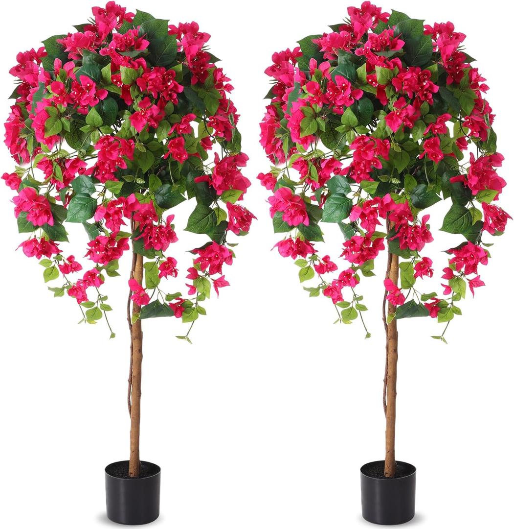 Giegxin 4 ft Bougainvillea Artificial 2 Pcs Artificial Bougainvillea Tree with Flowers in Plastic Pot Tall Floor Plant Faux Blooming Tree Large Fake Plants for Outdoor Indoor(Rose Red)