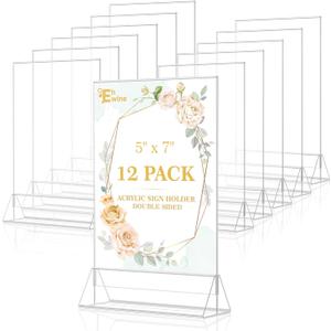 EHWINE 12 Pack Acrylic Sign Holder 5 x 7, Double Sided Clear Picture Frame Stand up Table Top Sign Holders, Clear Display Stand Menu Flyer Holder for Wedding Party (Provide Non-slip Mats)