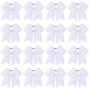 OAOLEER 16PCS Glitter Cheer Bows for Cheerleaders, 7” Large Cheerleading Bows with Sparkle Rhinestone Cheer Hair Bows with Ponytail Holders Elastic Hair Band for Cheerleaders College Sports (White)