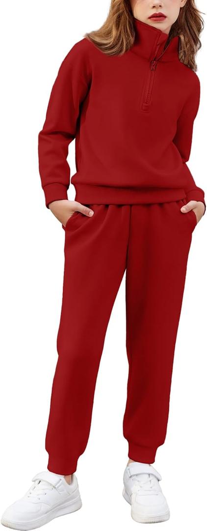 Arshiner Girls 2 Piece Outfits Sweatsuit Set Half Zip Lapel Collar Long Sleeve Sweatshirt Sweatpant Tracksuit Sets (5-6 Years, Red)
