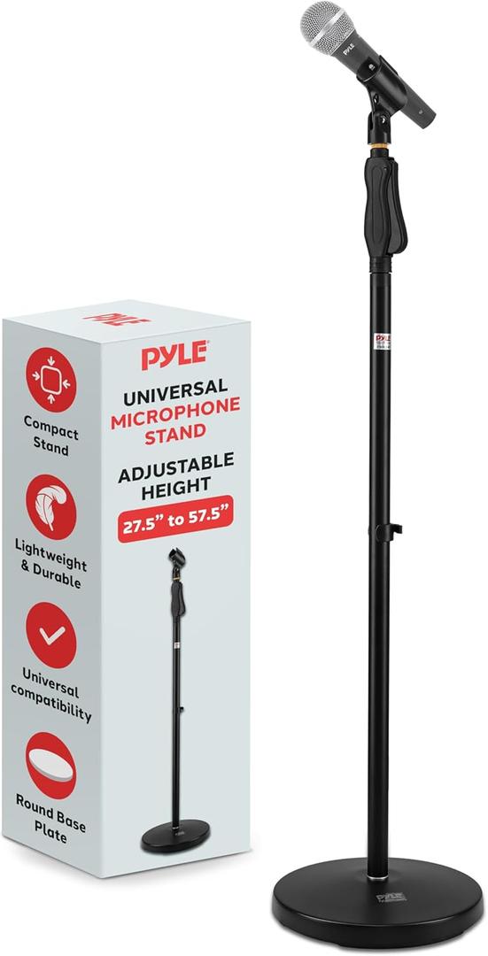 Pyle Universal Microphone Stand - M-6 Mic Mount Holder and Height Adjustable from 27.5 to 57.5 Inch High w/ Compact Round Base Plate - Quick Setting Lock-Tight Knob Lightweight and Reliable PMKS40